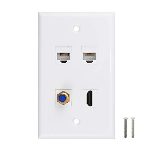 Product Cover HDMI Coax Ethernet Wall Plate, 1 Port HDMI Keystone Female to Female, 1 Port Coax Keystone Female to Female, 2 Port CAT6 Keystone Female to Female Wall Plate - White