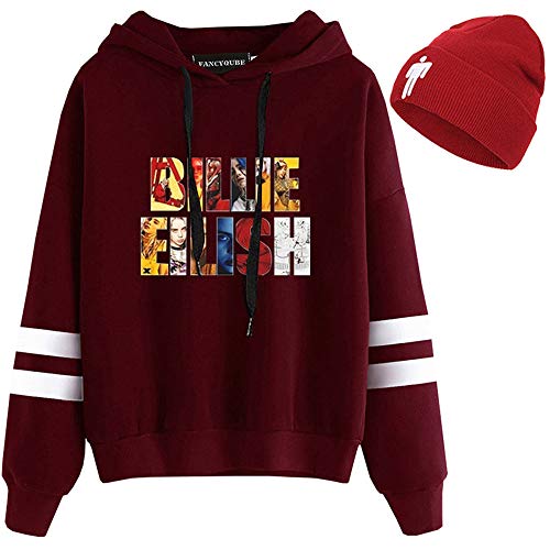 Product Cover BUBABOX Billie Eilish Hoodie with Matching Beanie Hats Women's Striped Long Sleeve Loose Streetwear Sweatshirt and Billie Winter Hats(M Red)
