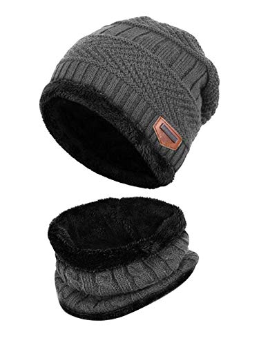 Product Cover JTJFIT Kids Boys Girls Winter 2-Pieces Warm Knit Beanie Hat and Scarf Set Fleece Lining Cap for 5-14 Year Old Boys Girls (Gray-01)