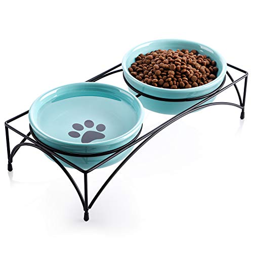 Product Cover Y YHY Ceramic Raised Cat Bowls, 12 Ounces Cat Food or Water Bowls, Double Cat Dishes, Paw Print Pattern, Blue