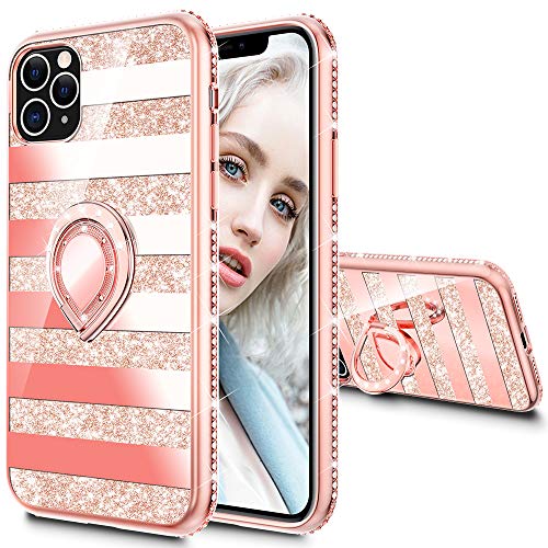 Product Cover Maxdara Case for iPhone 11 Pro Max Case Glitter Ring Kickstand Case for Girls Women with Bling Sparkle Diamond Rhinestone Stand Holder Case for iPhone 11 Pro Max 6.5 inches (Stripe Rosegold)