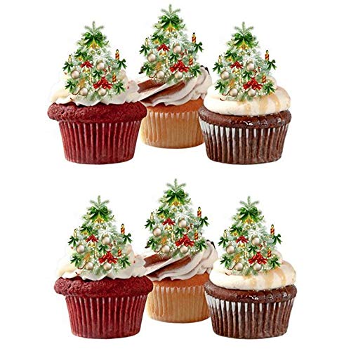 Product Cover 48 X Pre-cut Christmas Tree Edible Stand Up Wafer Paper Cupcake Toppers