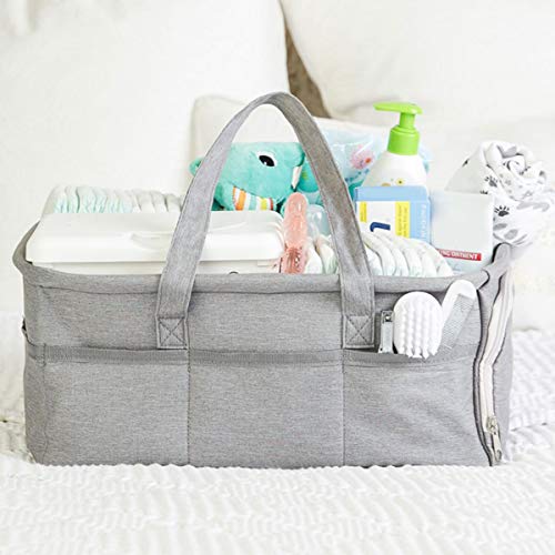 Product Cover Baby Diaper Caddy Organizer by Kids N Such - Zipper Pocket - Large 15x12x7 Portable Diaper Holder Basket for Nursery or Car - 3 Insert Compartments - Grey Canvas Tote - Boy or Girl - Baby Shower Gift