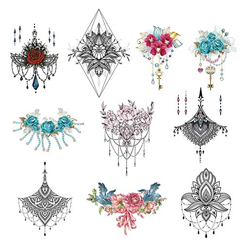 Product Cover 10 Sheets Sternum Chest Temporary Tattoo Sticker, Fake Big Body Art Sticker, Waterproof Sexy Realistic Adult Temp Tattoo