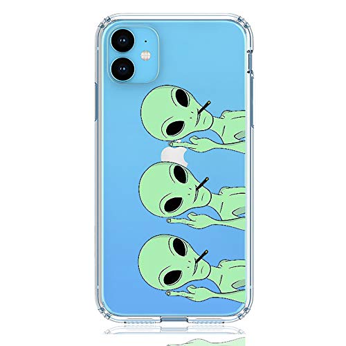 Product Cover HUIYCUU Compatible with iPhone 11 / XI Case, Shockproof Anti-Slip Cute Green Animal Clear Design Pattern Funny Slim Fit Soft TPU Bumper Girl Women Cover Case for iPhone 11 / XI (6.1 inch), Aliens