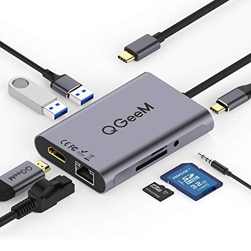 Product Cover USB C Hub Adapter,QGeeM 8-in-1 4K USB C to HDMI Type C to Ethernet 1G,USB C to USB 3.0 3.5mm AUX,Type C Card Reader,3.0 Power Delivery,Portable Compatible with MacBook 2018 Ipad Pro XPS13 Galaxy S10