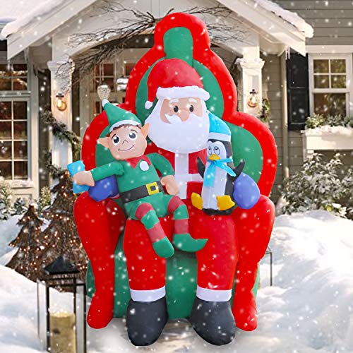 Product Cover SEASONBLOW 6 Ft LED Light Up Inflatable Christmas Santa with Elf and Penguin Xmas Decoration for Yard Lawn Garden Home Party Holiday Indoor Outdoor