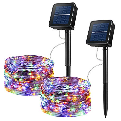 Product Cover Solar Light String 2pack 100LED Copper Wire Lights Outdoor 33ft Waterproof 8 Modes Fairy Lights for Xmas,Patio, Bedroom, Patio, Wedding, Party for Heepow (Multi-Color)