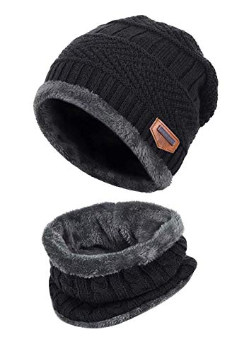 Product Cover JTJFIT Kids Boys Girls Winter 2-Pieces Warm Knit Beanie Hat and Scarf Set Fleece Lining Cap for 5-14 Year Old Boys Girls(Black)