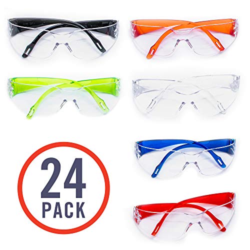 Product Cover 24 Pack of Kids Safety Glasses (24 Protective Goggles in 6 Different Colors) Crystal Clear Eye Protection - Specially Designed to Fit Children, Perfect for Nerf Parties