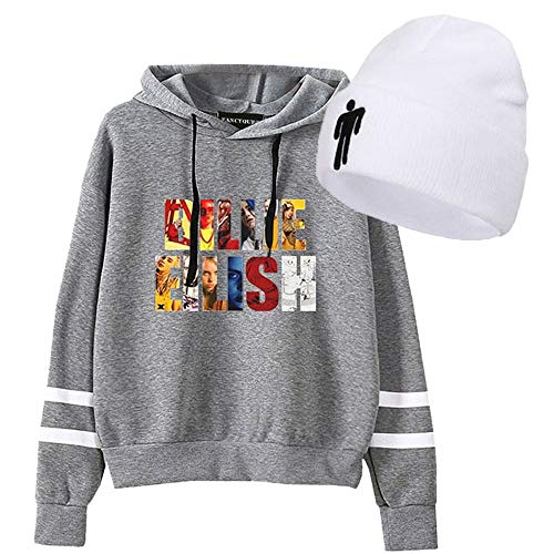 Product Cover BUBABOX Billie Eilish Hoodie with Matching Beanie Hats Women's Striped Long Sleeve Loose Streetwear Sweatshirt and Billie Winter Hats(S Gray)