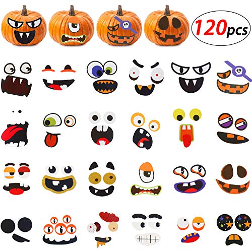 Product Cover Blulu 120 Pieces Halloween Pumpkin Face Stickers Self Adhesive Stickers Pumpkin Craft Stickers DIY Stickers Kits for Treat or Trick Party Favors, 24 Designs (Total 12 Sheets)