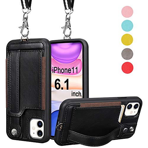 Product Cover TOOVREN iPhone 11 Wallet Case, iPhone 11 Case Protective Cover with PU Leather Card Holder Adjustable Detachable iPhone Lanyard Stand Strap for iPhone 11 6.1 Inch 2019 Black