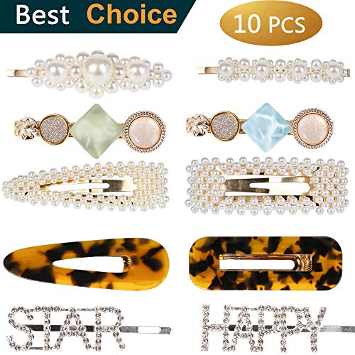 Product Cover 10pcs Hair Barrettes for Women -Trendy Acrylic Resin Pearl Hairclips for Woman, Luxury Crystal Rhinestone Hair Clips, Fashion Barrettes Hair Clips for Women and Ladies Girls,Big Pretty Hair Clips