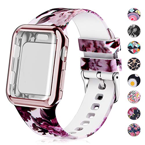 Product Cover Compatible for Apple Watch Band with Screen Protector Case, Soft Silicone Sport Wristband for Apple Watch iwatch Series 3 2 1 (38mm,Purple Flower)