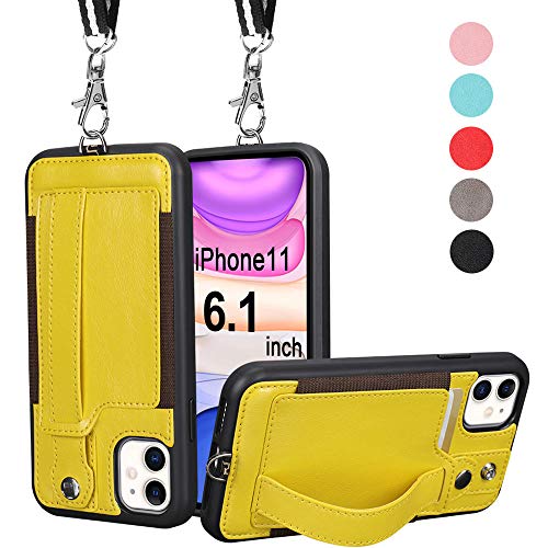 Product Cover TOOVREN iPhone 11 Case,iPhone 11 Wallet Case Lanyard Neck Strap with Kickstand Leather Card Holder Adjustable Detachable Necklace, Phone Protective Back Cover for Apple iPhone 11 6.1 inch 2019 Yellow