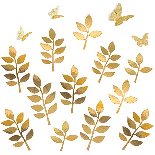 Product Cover Letjolt Paper Leaves Paper Butterflies Set Decorations for Photo Wall Crafts Leaf(12pcs) Glitter Butterfly(4pcs) Nursery Decor Baby Shower Wedding Backdrop Birthday Glitter Gold