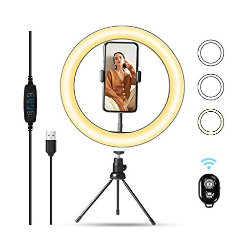 Product Cover Ring Light with Phone Holder, LED Ring Light Desktop Selfie Lamp Dimmable 3 Colors 10 Brightness with Tripod Stand & Cell Phone Holder and Remote Control for Live Streaming & YouTube Video & Makeup