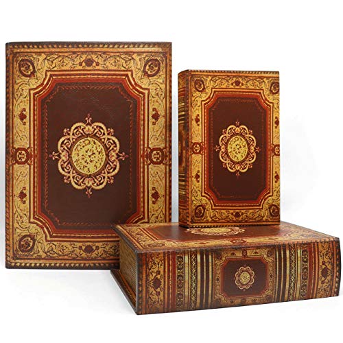 Product Cover Jolitac Decorative Book Boxes World Map Pattern Antique Book Invisible Box with Magnetic Cover, Faux Wood Set of 3 Storage Set (Classic)