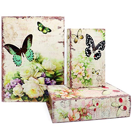 Product Cover Jolitac Decorative Book Boxes World Map Pattern Antique Book Invisible Box with Magnetic Cover, Faux Wood Set of 3 Storage Set (Butterfly)