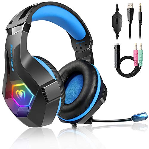 Product Cover Gaming Headset for PS4, 2019 Latest Ultra Light Professional Gaming Headset, Stereo Surround with Noise Cancelling Soft Microphone RGB Multicolor Lighting, 3.5mm Jack for PS4 Xbox One PC Laptop iPad