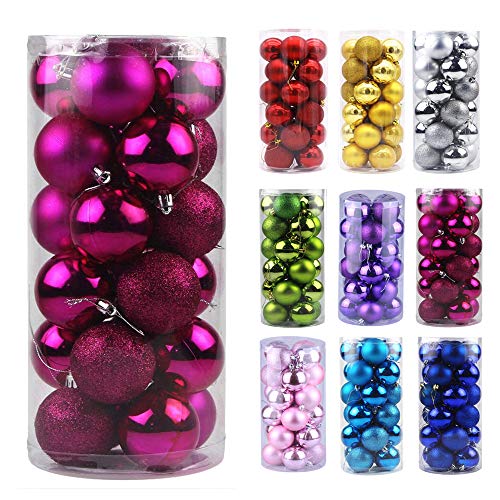 Product Cover Emopeak 24Pcs Christmas Mini Balls Ornaments for Xmas Christmas Tree - Small Shatterproof Christmas Tree Decorations Hanging Ball for Holiday Wedding Party Decoration (Rose Red, 1.2
