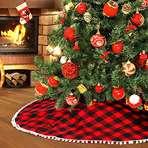 Product Cover Farochy Christmas Tree Skirt Buffalo Plaid Rustic Tree Skirt Red and Black Xmas Tree Skirts with Pom Pom for Christmas Decorations 48 Inch