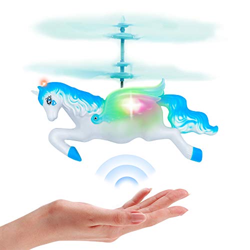 Product Cover Flying Helicopter Unicorn Toys Gifts for 6 7 8 9 10 Year Old Girls Birthday Christmas Party Gifts - Mini RC and Hand Control Flying Helicopter Fairy Unicorn Doll - Blue
