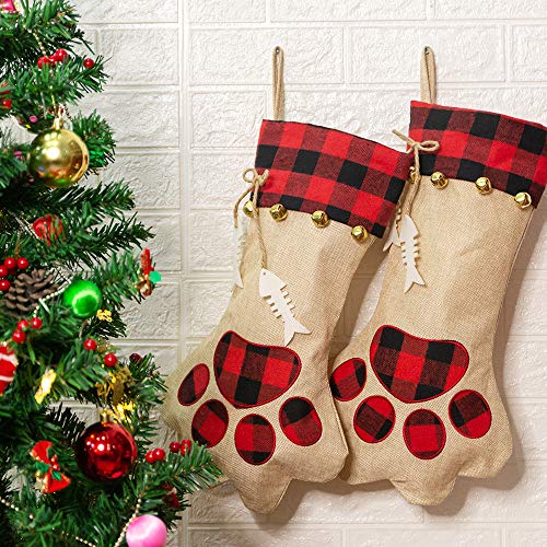 Product Cover CHERPET Christmas Cat Stocking Hanger - Red&Black Plaid Personalized Burlap Large Cats Paw Stockings Bag with Fish Bone, Holiday Party Pet Gift Accessories for Puppy/Dogs/Kittens/Small Animals
