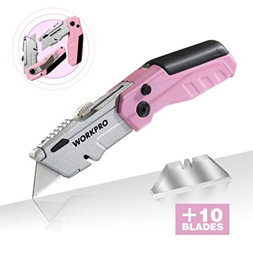 Product Cover WORKPRO Folding Utility Knife, Quick-Change Pink Box Cutter with Blade Storage Compartment Hidden in Lightweight Aluminum Die-cast Handle, 12 Extra Blades Included