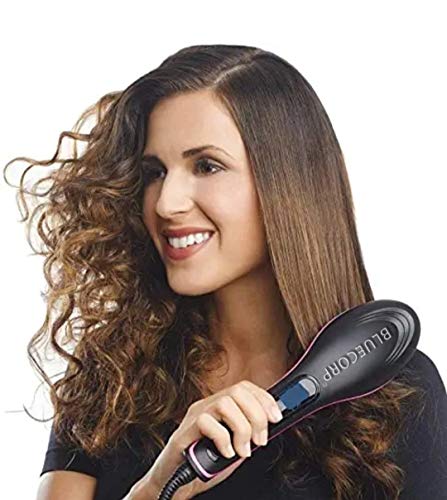 Product Cover BLUERAIN ENTERPRISE Weltime 3 in 1 Ceramic Fast Hair Electric Straightener Brush with LCD Screen, Temperature Control Display for Women (Black)