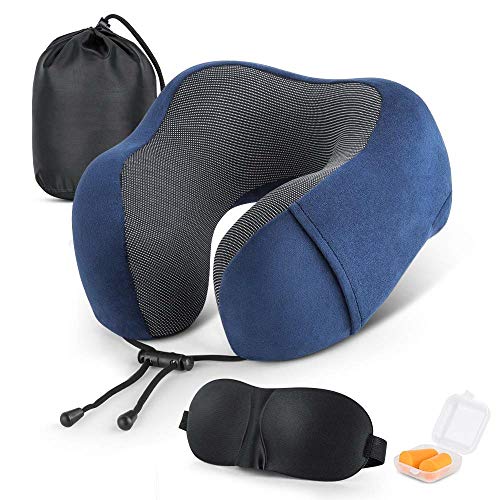 Product Cover Voroly Travel Neck Support Pillow for Sleeping 100% Memory Foam with 3D Eye Mask Noise Isolating Ear Plugs Portable Combo for Adults (Navy Blue)