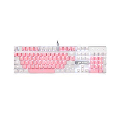 Product Cover Mechanical Gaming Keyboard,SADES Blue Switches 104 Keys Mechanical Gaming Keyboard,Wired USB White LED Backlit Cute Computer Keyboard,Pink Mechanical Gaming Keyboard for PC/Mac/Laptop(Pink White)