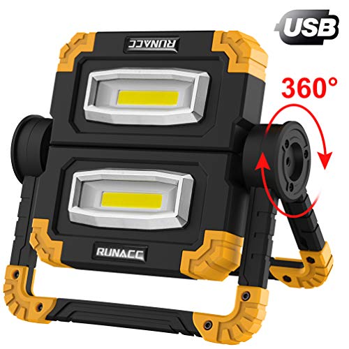 Product Cover RUNACC LED Work Light USB Rechargeable Folding Portable Waterproof 2 COB 2000LM Flood Light Stand Working Lights for Outdoor Camping Hiking Emergency Car Repairing and Job Site Lighting, 360°Rotation