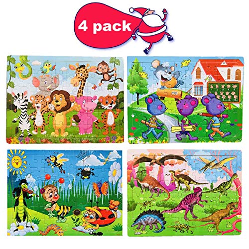 Product Cover 4 Pack Wooden Jigsaw Puzzles for Kids Ages 3-8 STEM Gift - 60 Pcs Preschool Educational Learning Jigsaw Toys Kindergarten Wooden Puzzles Toy for Boys and Girls (Zoo&Mouse&Dinosaur&insect)
