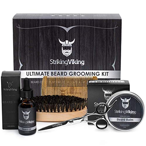 Product Cover Beard Grooming Kit for Men - Heavy Duty, Premium Beard Care Kit by Striking Viking - 100% Natural Boars Beard Brush, Wooden Comb, Stainless Steel Scissors, Organic Beard Oil & Sandalwood Balm 2 ounce