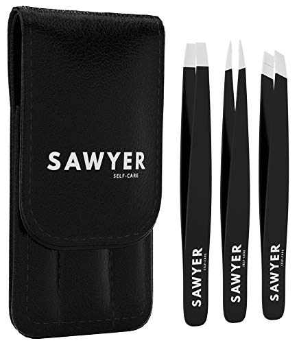 Product Cover Precision Tweezers - 3-Piece Stainless Steel Slant Tip Tweezer Set for Eyebrows and Eyelash Extensions - By Sawyer Self-Care (Black)