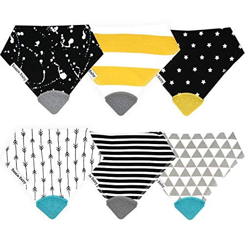 Product Cover Drool Bibs w/Teethers for Natural Teething Relief, Absorbent Cotton & Polyester Soaks Up Drool, 6-Pack Baby Bibs for Boys & Girls, 6 Silicone Teether Bibs/Bandana Bibs, by Bazzle Baby (Black & White)