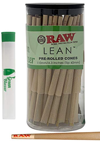 Product Cover RAW Pre Rolled Cones Lean: 50 Pack - Lean Size Rolling Papers with Filter Tips - All Natural Slow Burning RAW Cone - Includes Green Blazer Doob Tube