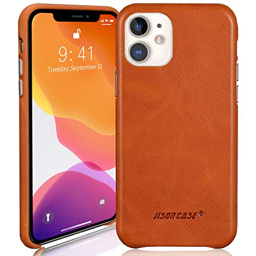 Product Cover JISONCASE Leather iPhone 11 Case, Genuine Leather iPhone 11 Cover, Ultra Thin, Anti-Slip,Shockproof & Wireless Charger Protective Case for Apple iPhone 11,Brown 6.1