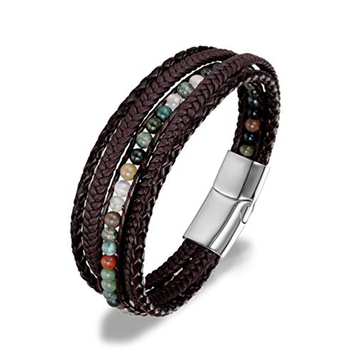 Product Cover Mens Leather Bracelets - Magnetic Clasp Men's Bracelets for Men - Brown Genuine Braided Leather Wrist Cuff Bracelet with 4 MM India Agate Stone Beads (India Agate)