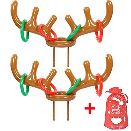 Product Cover MODOLO 2 to 4 Players Reindeer Antler Inflatable Ring Toss Game for Christmas Holiday Party Game Rules Included, 2 Antlers, 10 Rings (Brown)