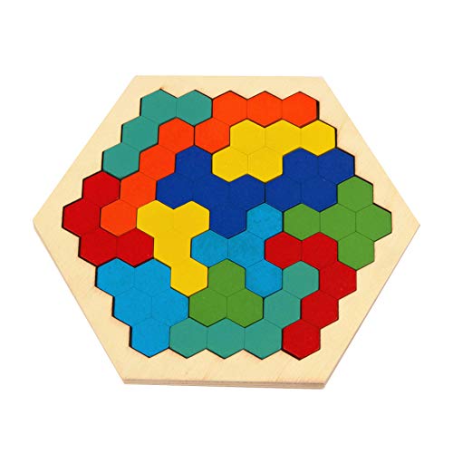 Product Cover Zoostliss Hexagon Wooden Puzzles Brain Teasers Toy, 16 Pcs Colorful Hexagon Fun Geometry Logic Tangrams Puzzle Table IQ Game Educational Toys for Kids