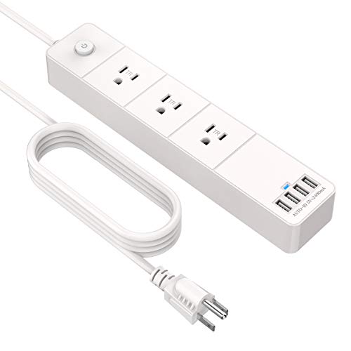 Product Cover Surge Protector Power Strip with 4 USB Ports 3 Outlets 2156 Joules 1875W, 5.25ft Heavy Duty Extension Cord, 100-240V for Home Office Travel, White