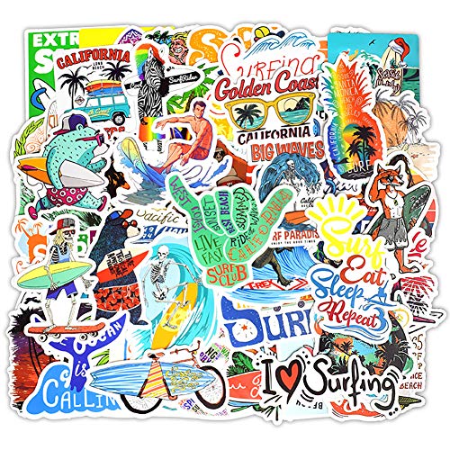 Product Cover Water Bottle Stickers Surfing Sports 50 Pcs Laptop Stickers Pack Waterproof Surfboard Decals for Water Bottle Laptops Ipad Cars Luggages