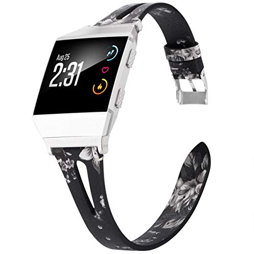 Product Cover Wearlizer BackWhite Leather Band Compatible for Fitbit Ionic Bands Women Men, Genuine Leather Replacement Band Compatible with Fitbit Ionic Small Large (Flower-BackWhite)