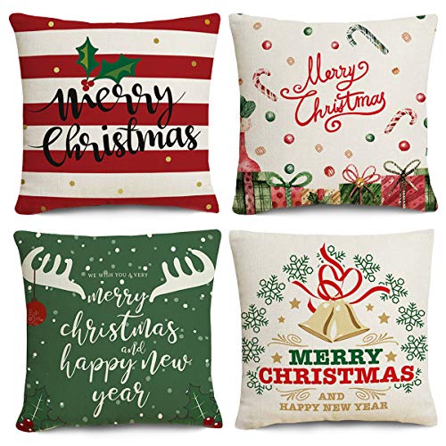 Product Cover Jjyee Merry Christmas Decorations Pillow Covers Merry Christmas Tree and Deer Magic Winter 18x18 Inch Set of 4, Cotton Linen Pillow Covers Christmas Decor