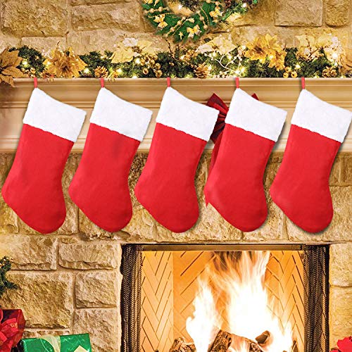 Product Cover SHareconn Christmas Stockings,5 Pack 16 Inch Big Christmas Kids Gift Stocking Bags and Christmas Hanging Socks for Gift Holding,Party Decoration DIY Craft (Red & White)