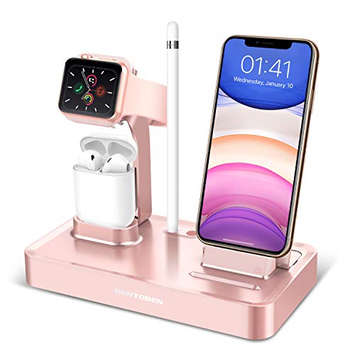 Product Cover BENTOBEN 3 in 1 Charging Stand Compatible with Apple Watch Series 5/4/3/2/1, Charging Dock Station Desk Stand for Airpods 2/1 iPhone 11 Pro Max XR XS Max X 8 7 6S 6 Plus with Pencil Holder, Rose Gold