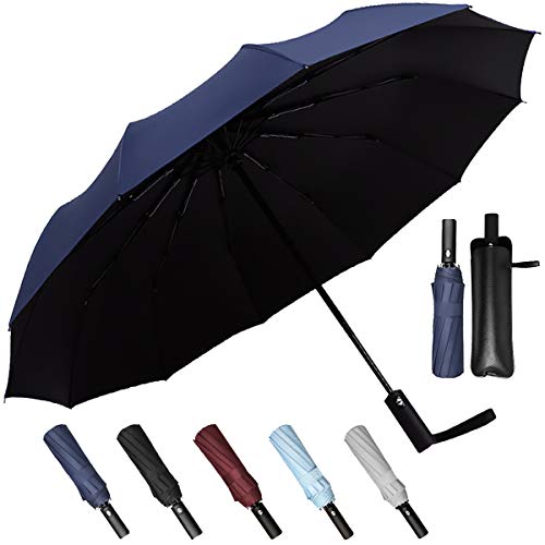 Product Cover XUYAO 12 Ribs Windproof Travel Umbrella with Teflon Coating and UV Protection, Sun&Rain&Snow Compact Umbrella Auto Open Close, Teflon Coating Waterproof, UPF 50+ UV Umbrella Lightweight (Navy Blue)